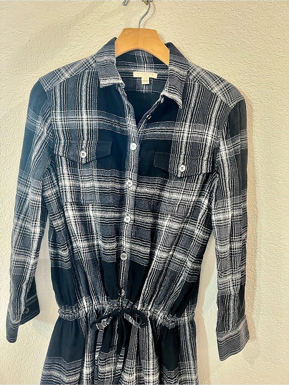 Burberry Brit Plaid Wool-Blend Button-Front Shirt Dress Black & White US 4